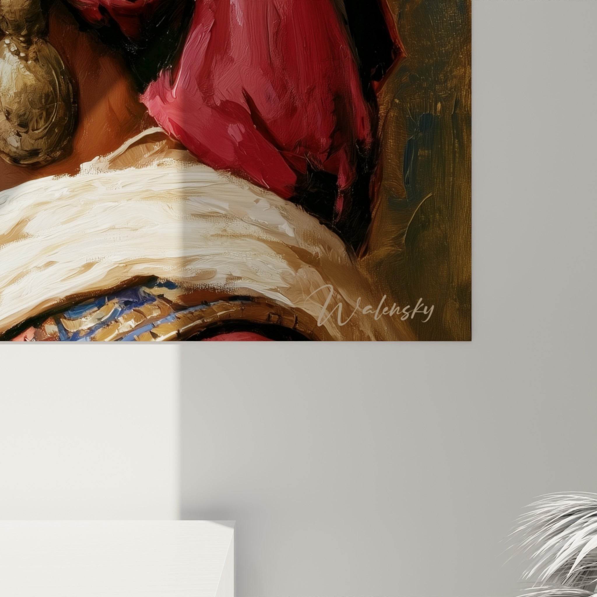 Empâtements dorés et coulures rouge brique visibles sur la coiffe et le voile de cette reine égyptienne peinte