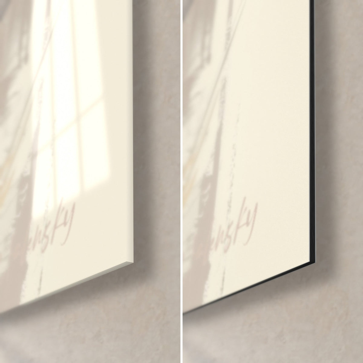 Cuadro faraón de perfil, esquina inferior derecha beige crema, cristal acrílico brillante a la izquierda, aluminio Dibond mate a la derecha, canto negro de 3 mm