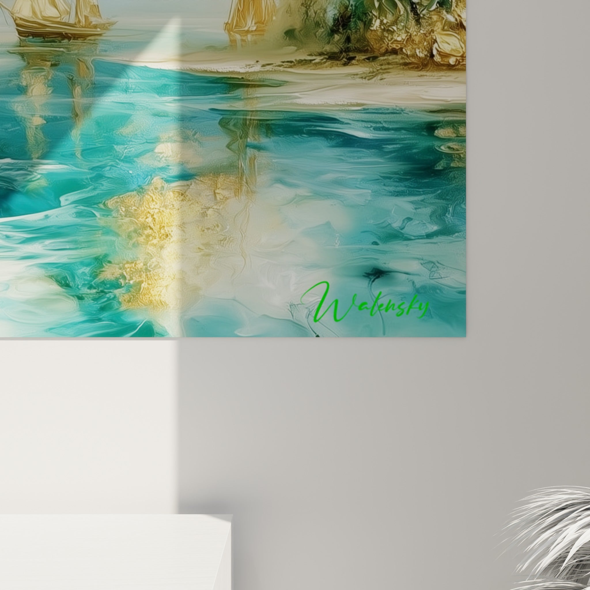 Empâtements dorés et coulures turquoise sur la toile égyptienne accrochée au mur