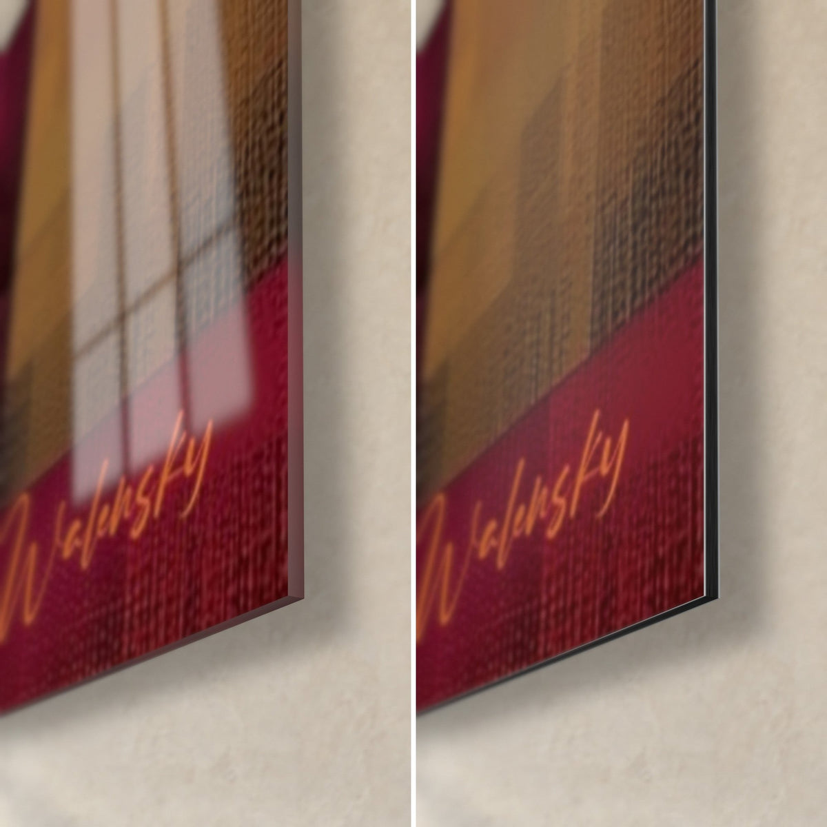 Wall art golden mosaic pyramid, bottom right corner: glossy glass on the left, matte Dibond on the right, carmine red Walensky signature