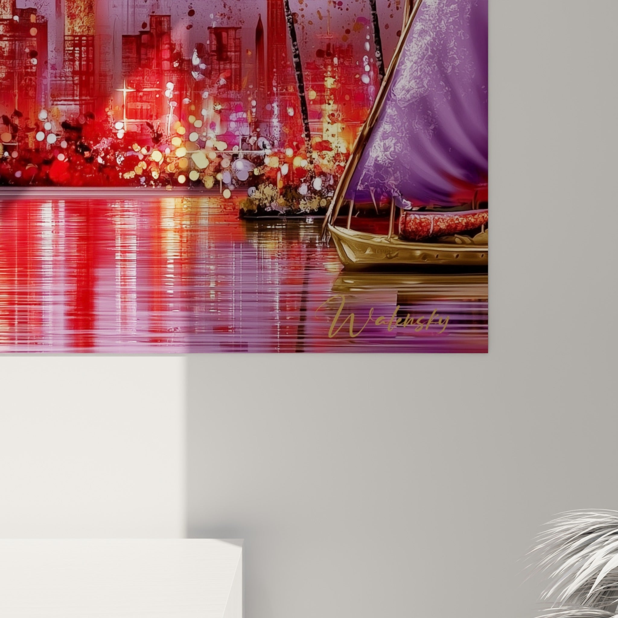 Détail des textures dorées granuleuses et reflets rouges sur l'eau du tableau égypte