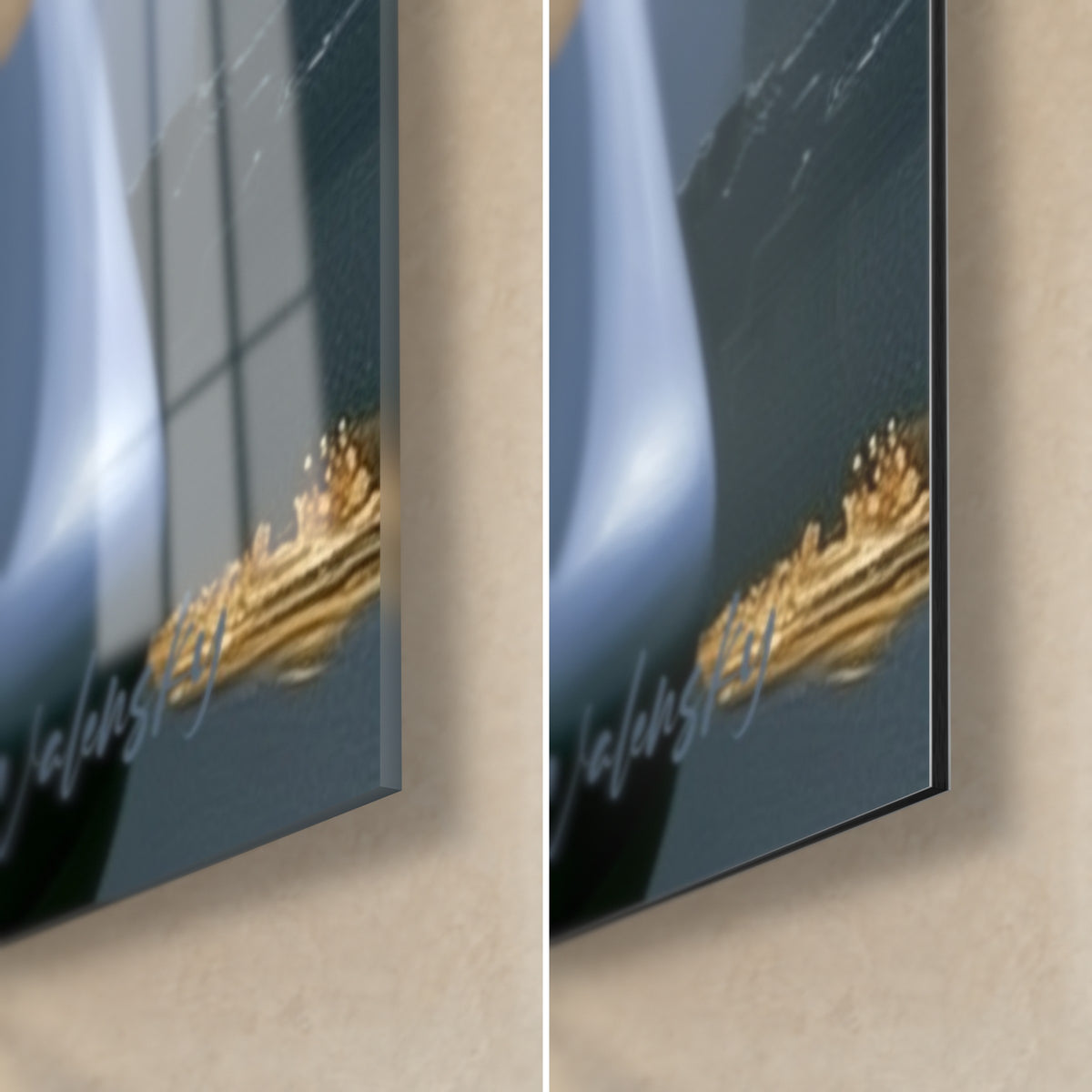Wall art Eye of Horus, bottom right corner: gold and blue-grey, glossy acrylic glass on the left, matte Dibond on the right, 3 mm edge