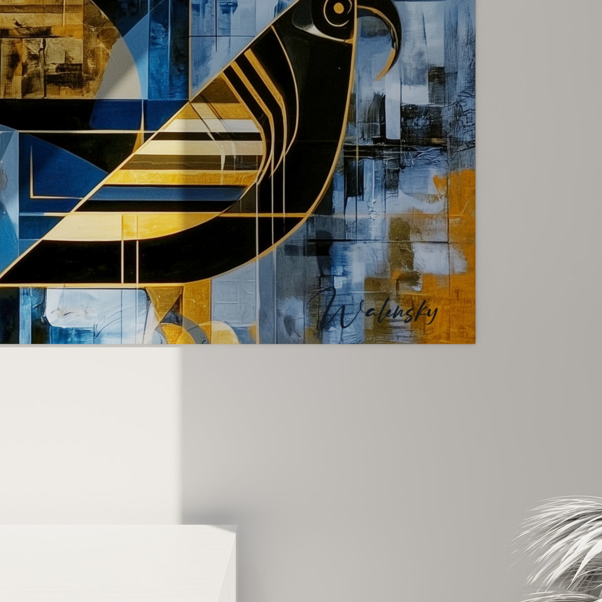 Empâtements dorés et coulures bleu marine visibles sur la toile texturée du profil égyptien