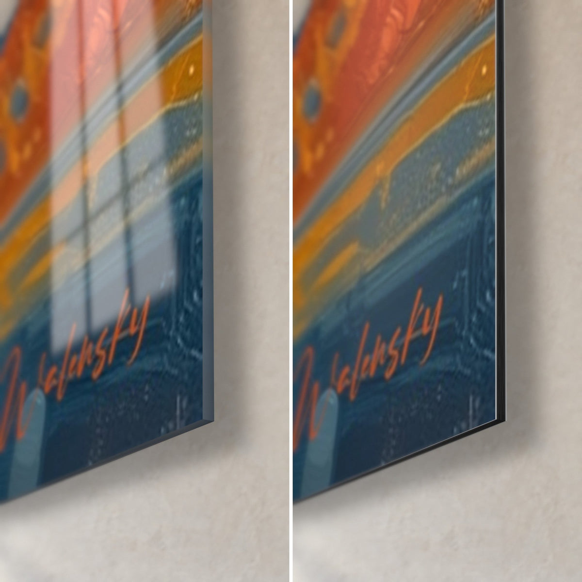 Gemälde Gesicht einer blauen Pharaonin, untere rechte Ecke: orangefarbene Signatur auf glänzendem Acrylglas und mattem 3 mm Dibond-Aluminium