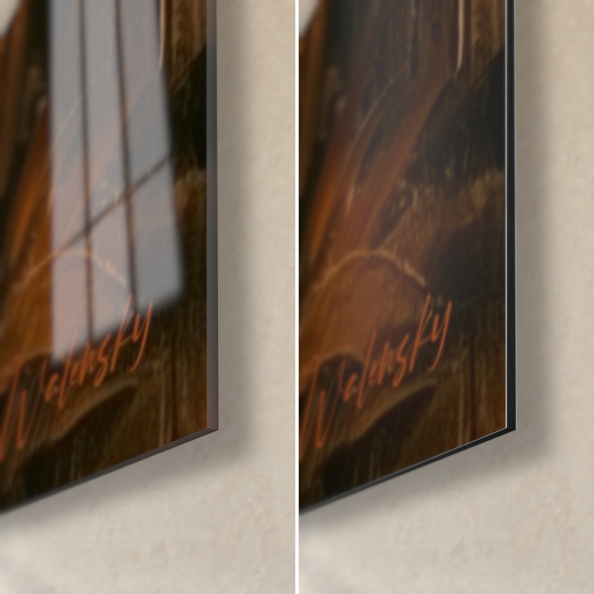 Schilderij palmenbos in rood en oker, rechtsonder de hoek: glanzend acrylglas links, mat Dibond-aluminium rechts, 3 mm dikte