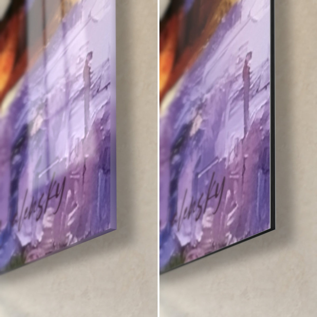 Wall art Purple Egyptian queen, bottom right corner in glossy glass with reflections and matt Dibond, 3 mm edge visible