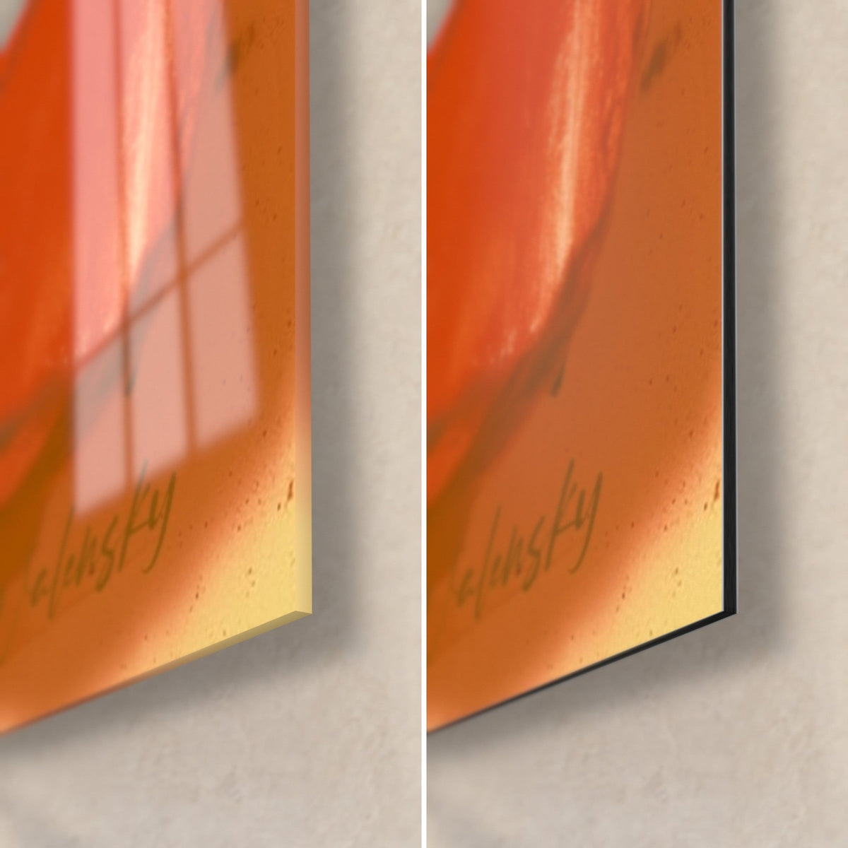 Gemälde Horusauge, untere rechte Ecke: glänzendes Acrylglas mit Reflexen, mattes orangefarbenes Dibond, feine Kante von 3 mm