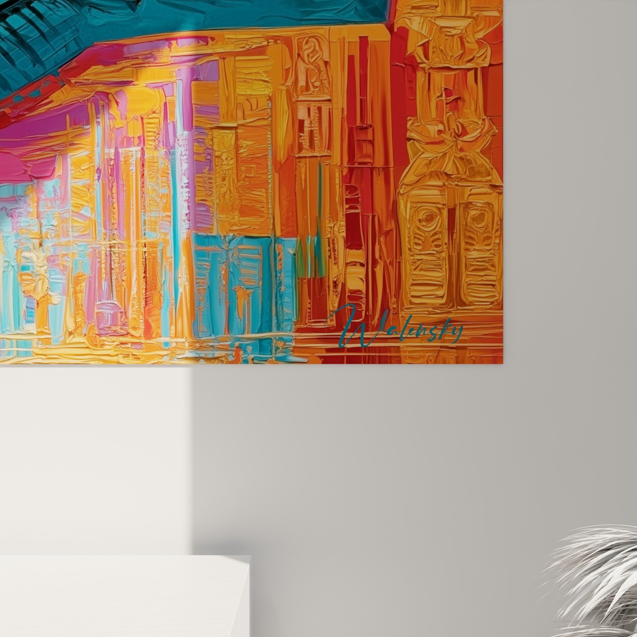 Empâtements colorés orange et bleu visibles en gros plan sur la toile texturée du regard égyptien
