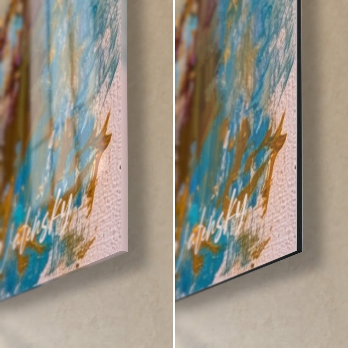 Gemälde mit türkisfarbenen Augen in Öl, untere rechte Ecke: blaue und goldene Laufspuren unter glänzendem Acrylglas und mattschwarzem Dibond, 3 mm Kante