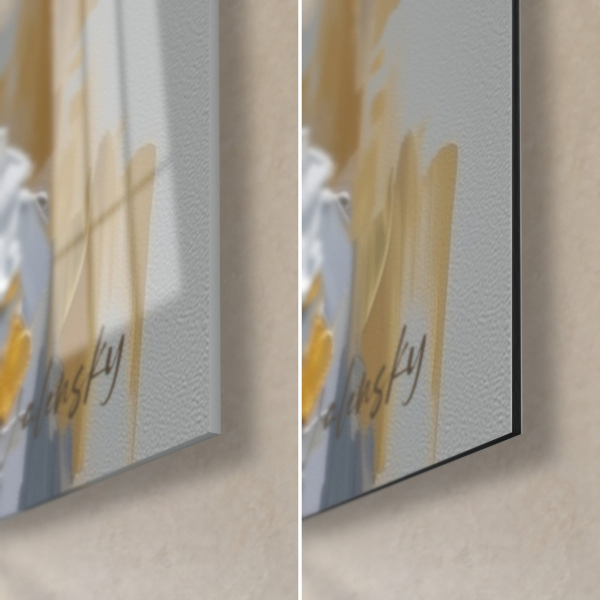 Wall art gold and white queen profiles, glossy acrylic corner bottom right on the left and matte Dibond on the right, Walensky signature