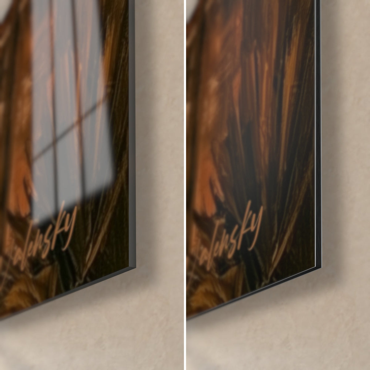 Wall art carmine and copper palm trees, bottom right corner: glossy acrylic glass on the left, matte Dibond aluminium on the right, 3 mm edge