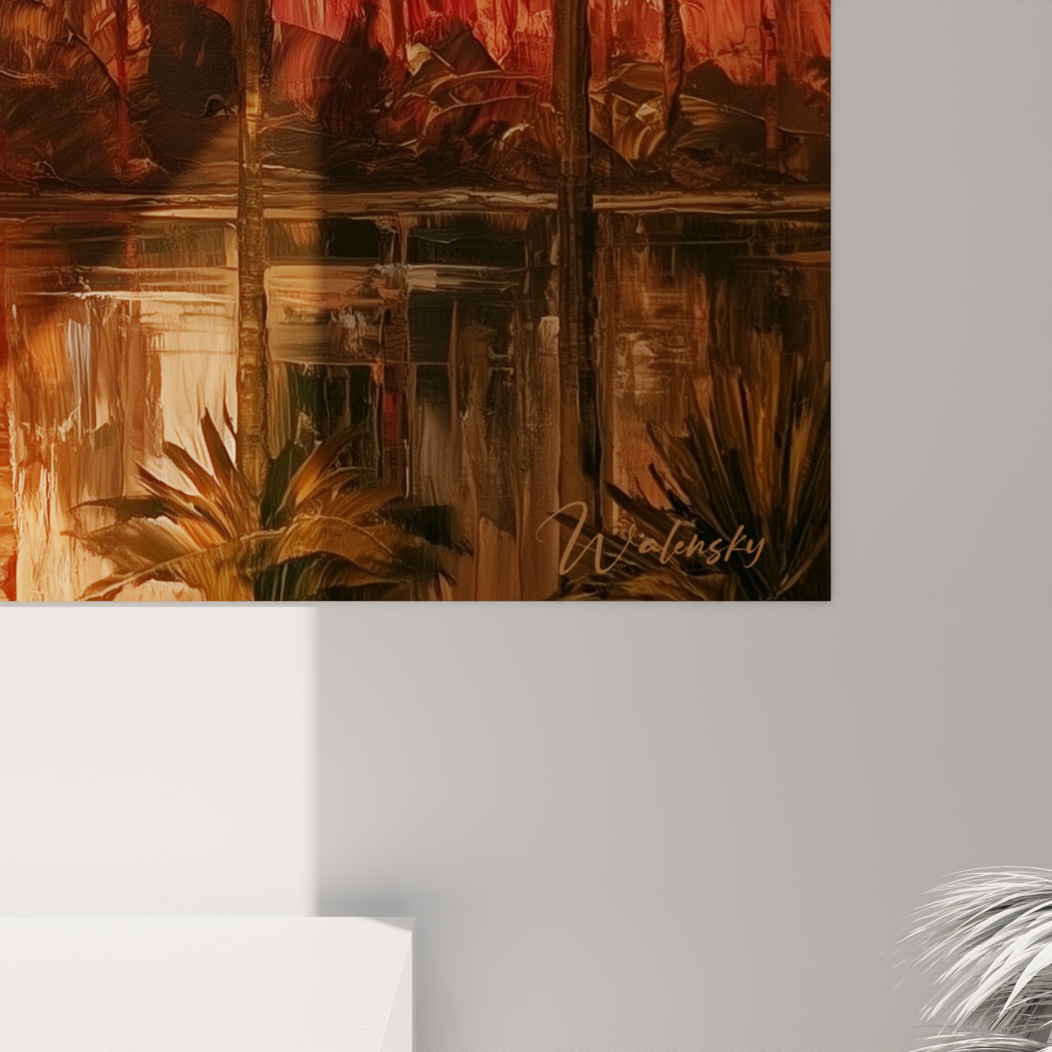 Matière picturale du tableau égypte révélant empâtements rouges et coulures dorées sur les troncs