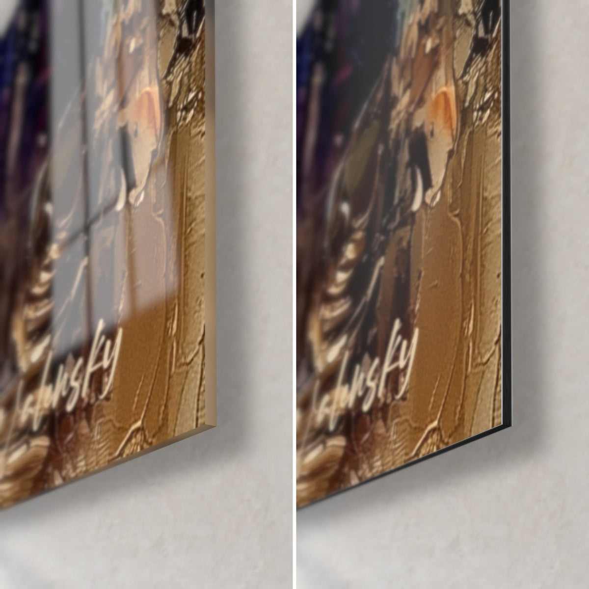 Gemälde goldener Pharao, untere rechte Ecke: glänzendes Acrylglas mit Reflexen, matt gebürstetes Dibond-Aluminium, 3 mm Kante, weiße Signatur