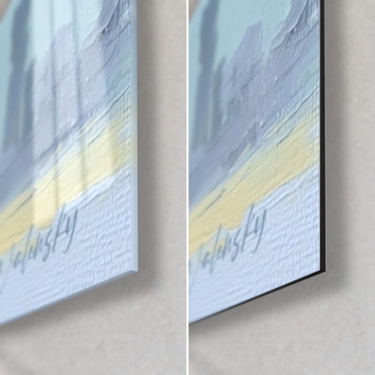 Wall art golden pharaoh, bottom right corner: yellow and pale blue impasto, Walensky signature, glossy glass and matte Dibond