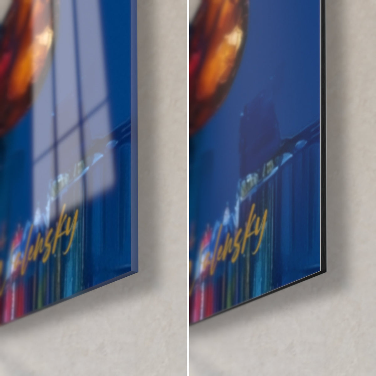 Wall art Pharaonic profiles painted with a palette knife, bottom right corner in midnight blue and gold on glossy glass and matte Dibond, 3 mm thickness