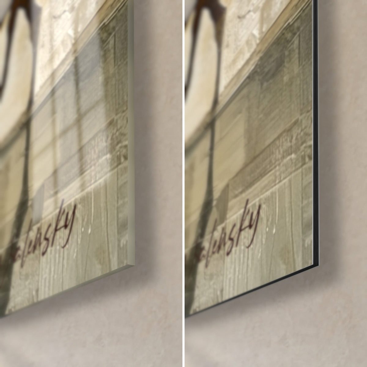 Tableau pyramides dorées et chameau rouge, coin bas droit en verre acrylique brillant à gauche et alu Dibond mat à droite, tranche de 3 mm