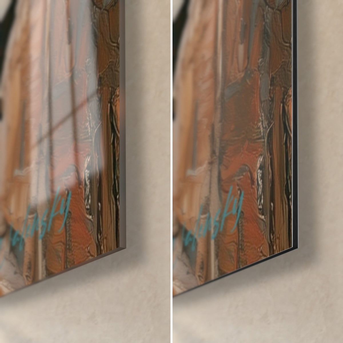 Wall art pharaoh faces in thick orange and turquoise paint, bottom right corner: glossy glass on the left, matte Dibond on the right