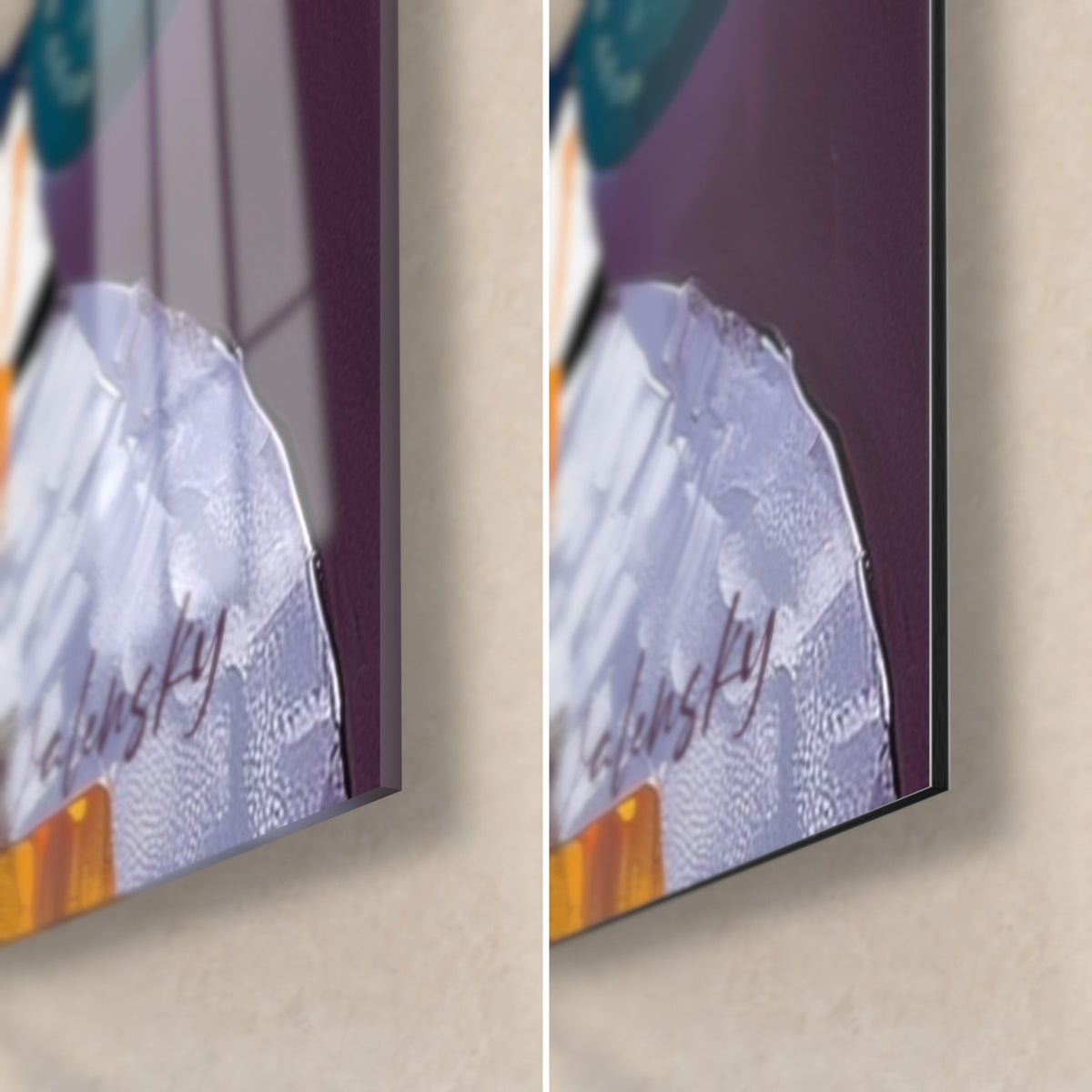 Schilderij met drie gestileerde farao's, violette en lila signatuur rechtsonder, glanzend acrylglas links en mat Dibond rechts