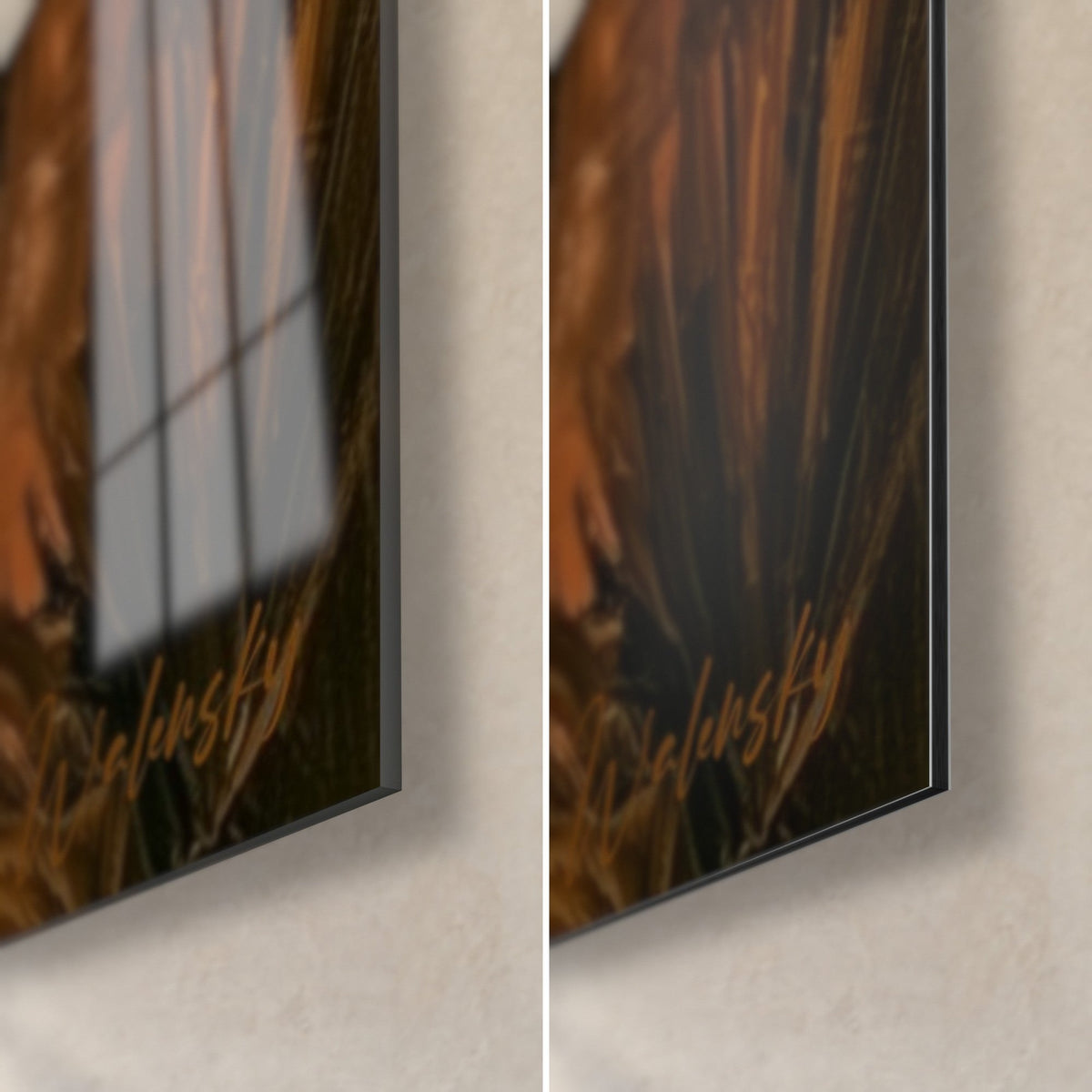 Wall art Nile palms in thick impasto, deep red and golden brown, bottom-right corner in glossy glass and matte Dibond