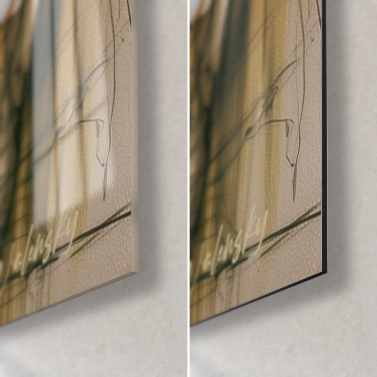 Wall art sacred eye in scratched yellow and violet paint, bottom right corner: glossy acrylic glass on the left, matte Dibond on the right