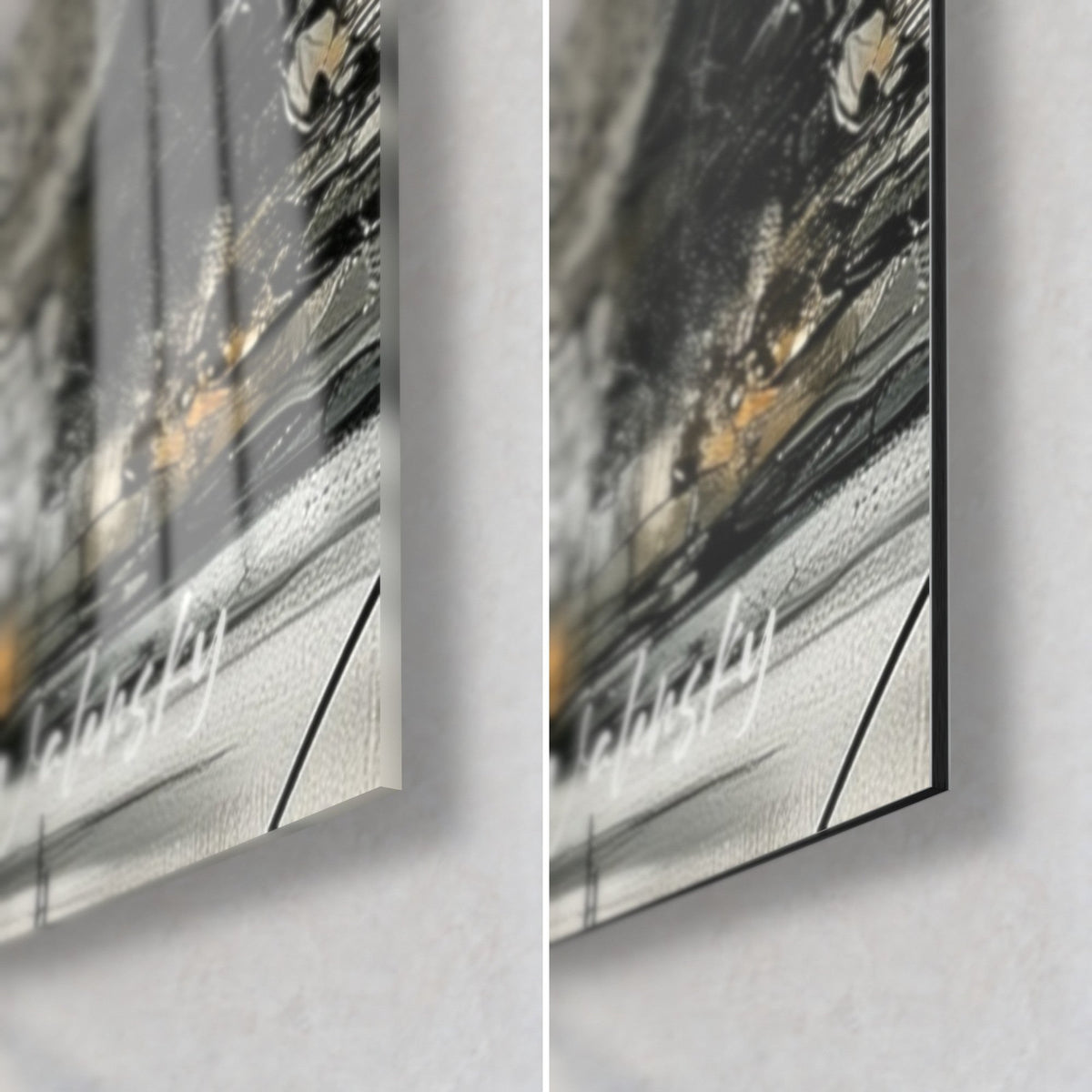 Wall art pharaoh profile with striped headdress, bottom right corner: glossy acrylic glass reflecting, matte grey Dibond aluminium, 3 mm edge