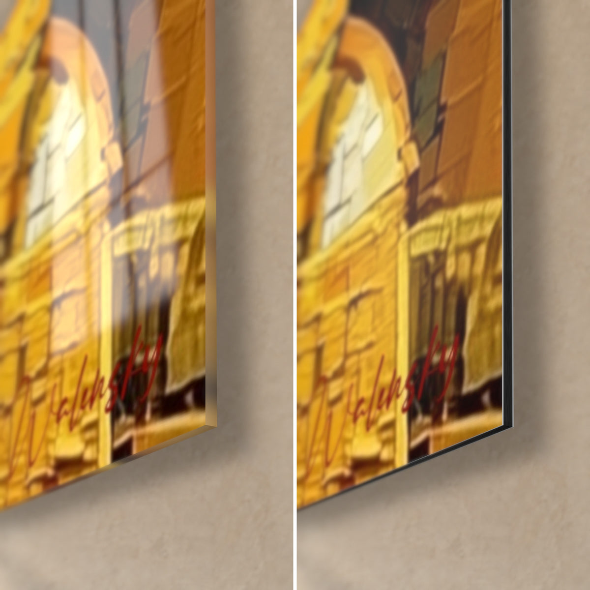 Schilderij Egyptische vorst in mozaïek van goud en rood, rechtsonder hoek: glanzend acrylglas links, mat Dibond rechts