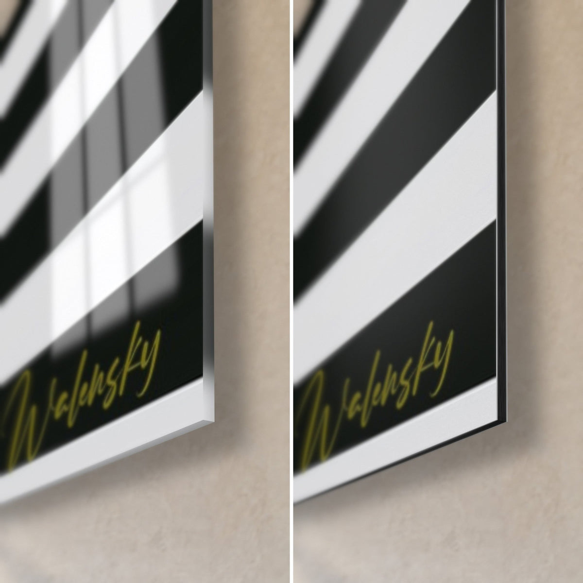 Wall art Two-tone Egyptian queen, bottom right corner: black and white stripes, golden Walensky signature, glossy glass and matte Dibond