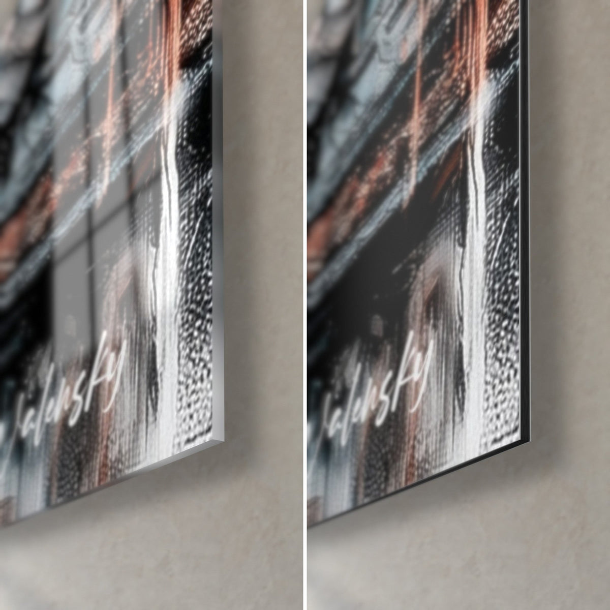 Wall art sacred Egyptian eye, bottom right corner: glossy acrylic glass on the left, matte Dibond aluminum on the right, 3 mm black edge