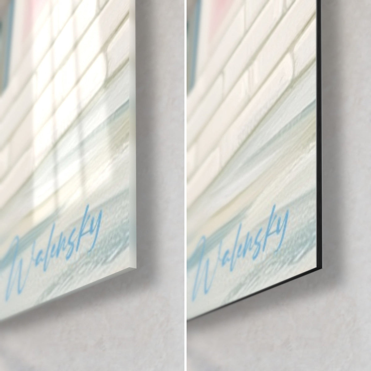 Wall art pink sanctuary with a turquoise door, glossy glass and matte Dibond in the bottom right corner, blue Walensky signature, 3 mm edge