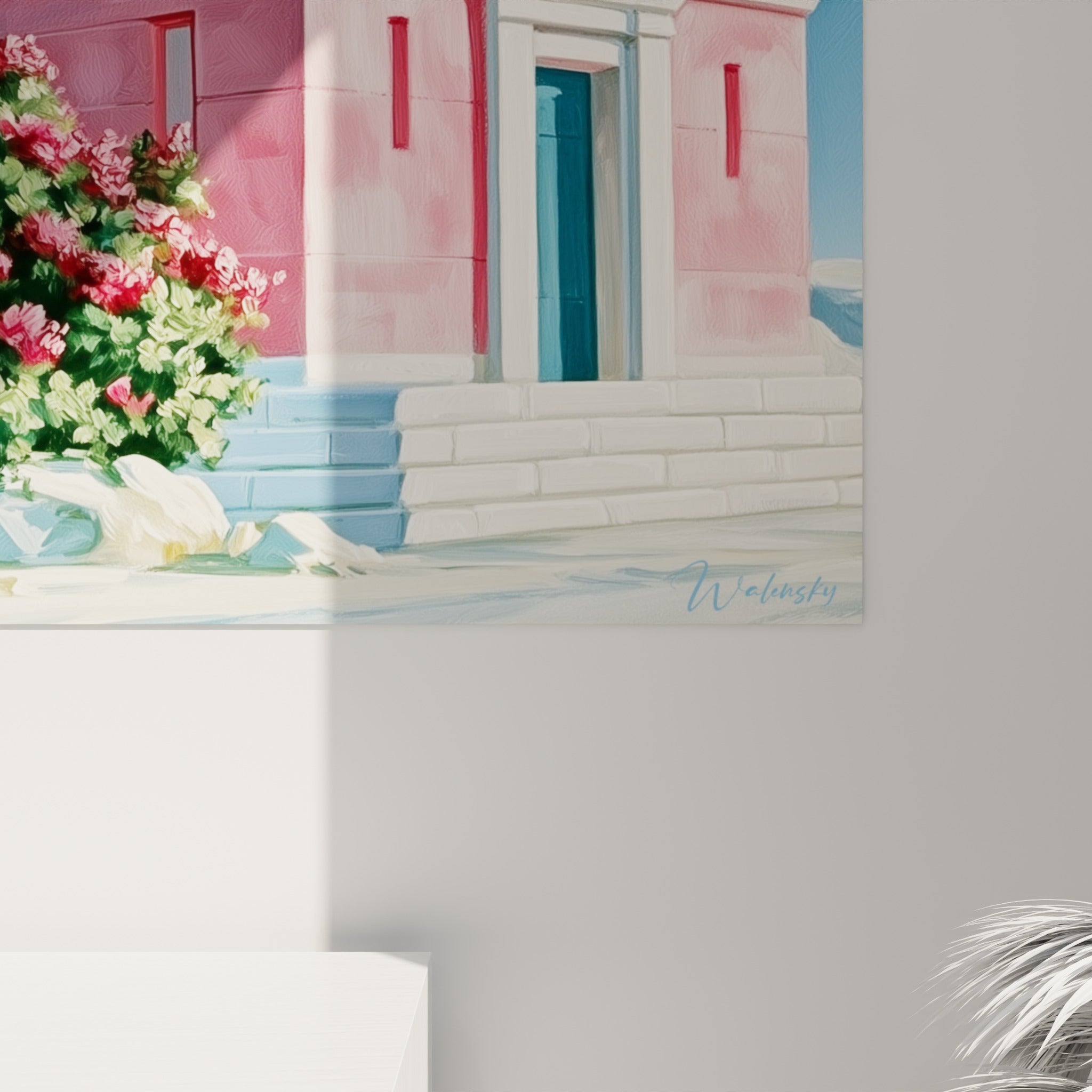 Empâtements visibles sur le dôme rose et les fleurs fuchsia, textures épaisses et coulures de peinture à l'huile