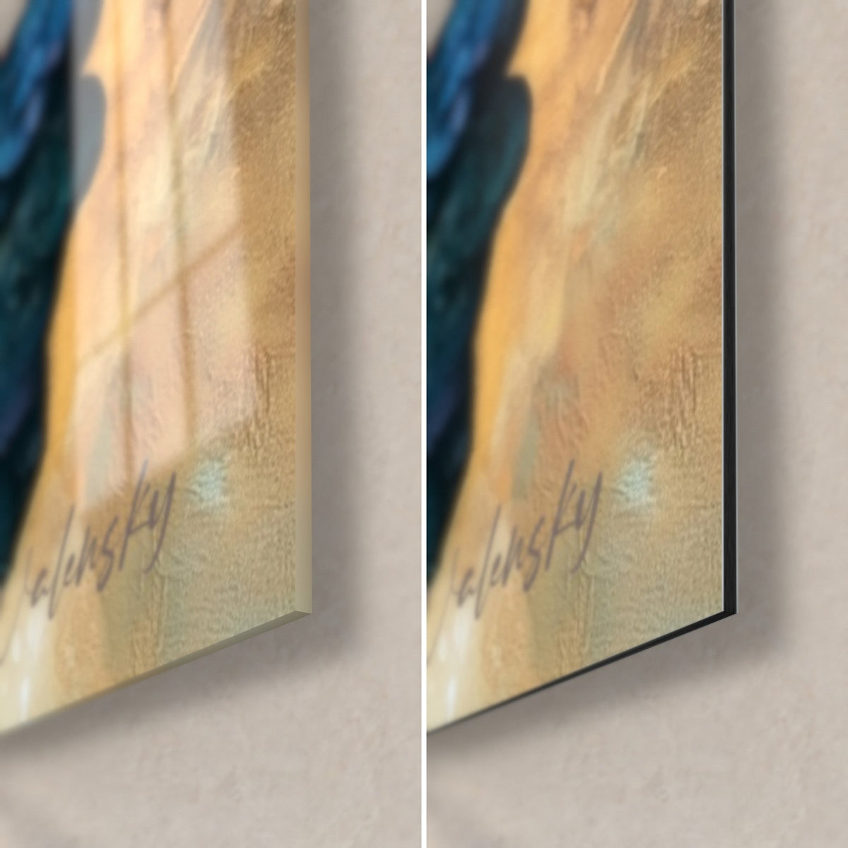 Wall art pharaoh profile in violet and amber stone, bottom right corner: glossy glass on the left, matte Dibond on the right