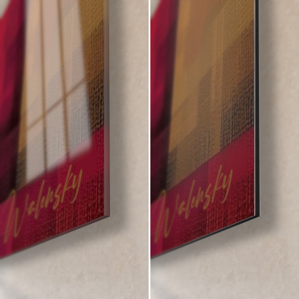 Wall art Egyptian scene in midnight blue and carmine red pixels, bottom right corner: glossy glass on the left, matte Dibond on the right