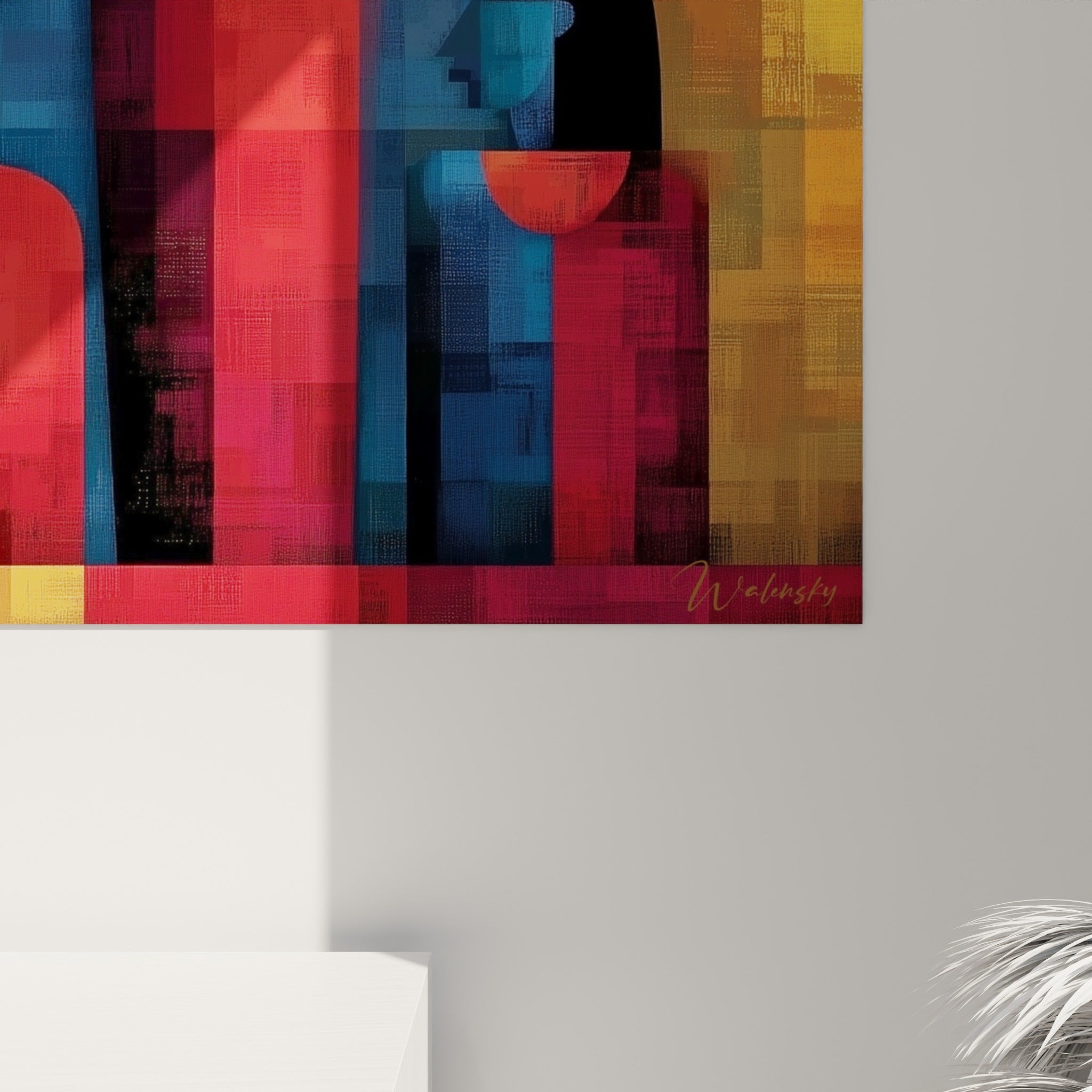 Empâtements colorés du némès doré et textures rouge et bleu marine visibles sur la toile égyptienne