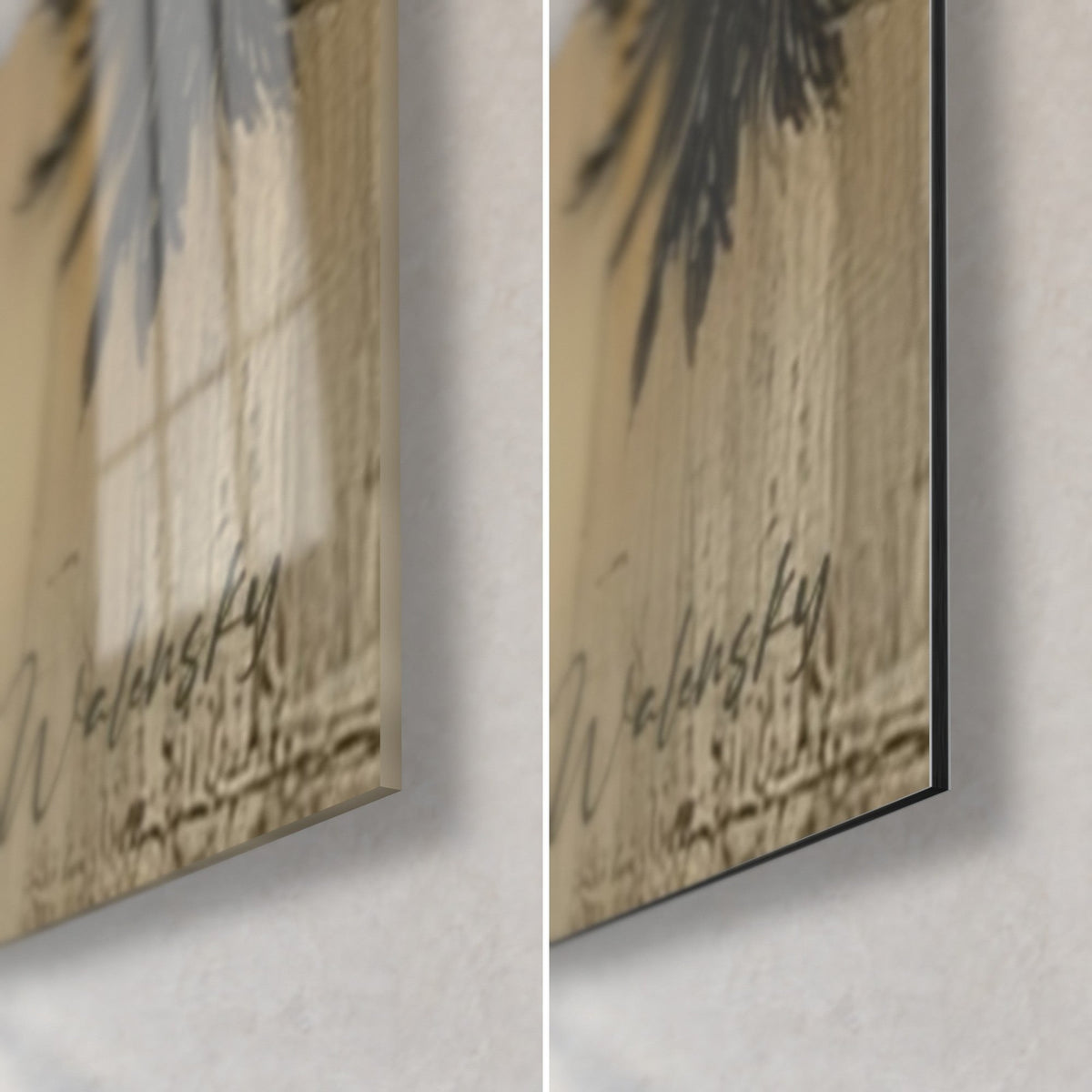 Wall art of a golden pharaoh portrait, bottom right corner: Walensky signature, glossy glass and matte Dibond, 3 mm edge
