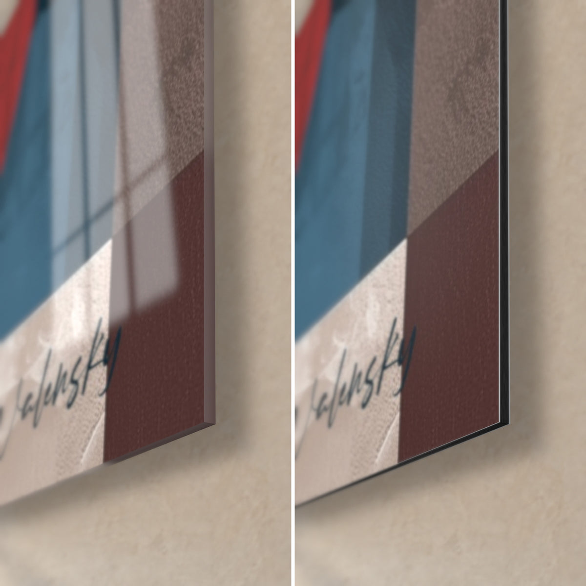 Cuadro faraón de perfil en rojo y azul, esquina inferior derecha de cristal brillante y aluminio Dibond mate, firma Walensky, canto de 3 mm