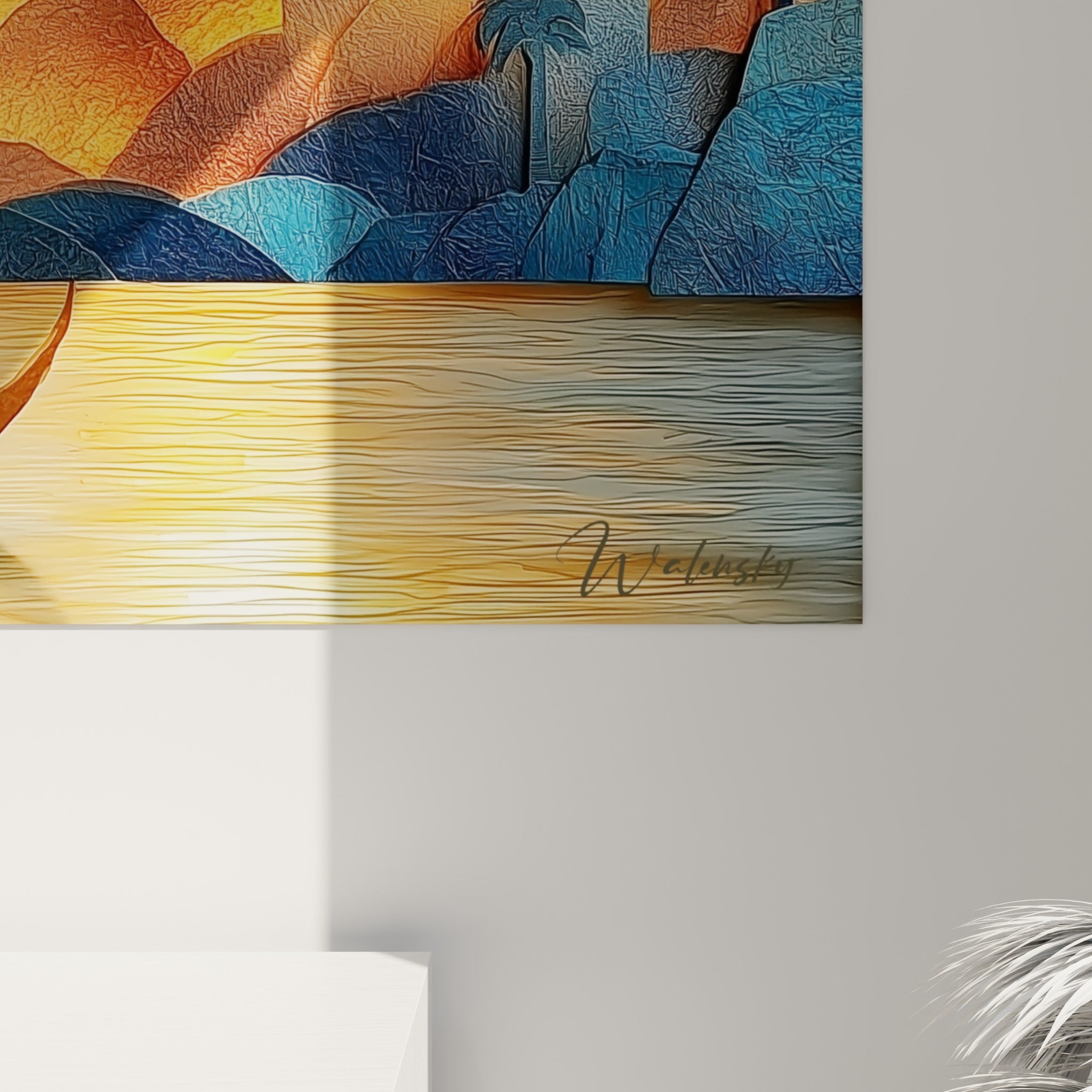 Gros plan sur la texture papier froissé du tableau égypte, nuances bleu marine et orange qui se superposent
