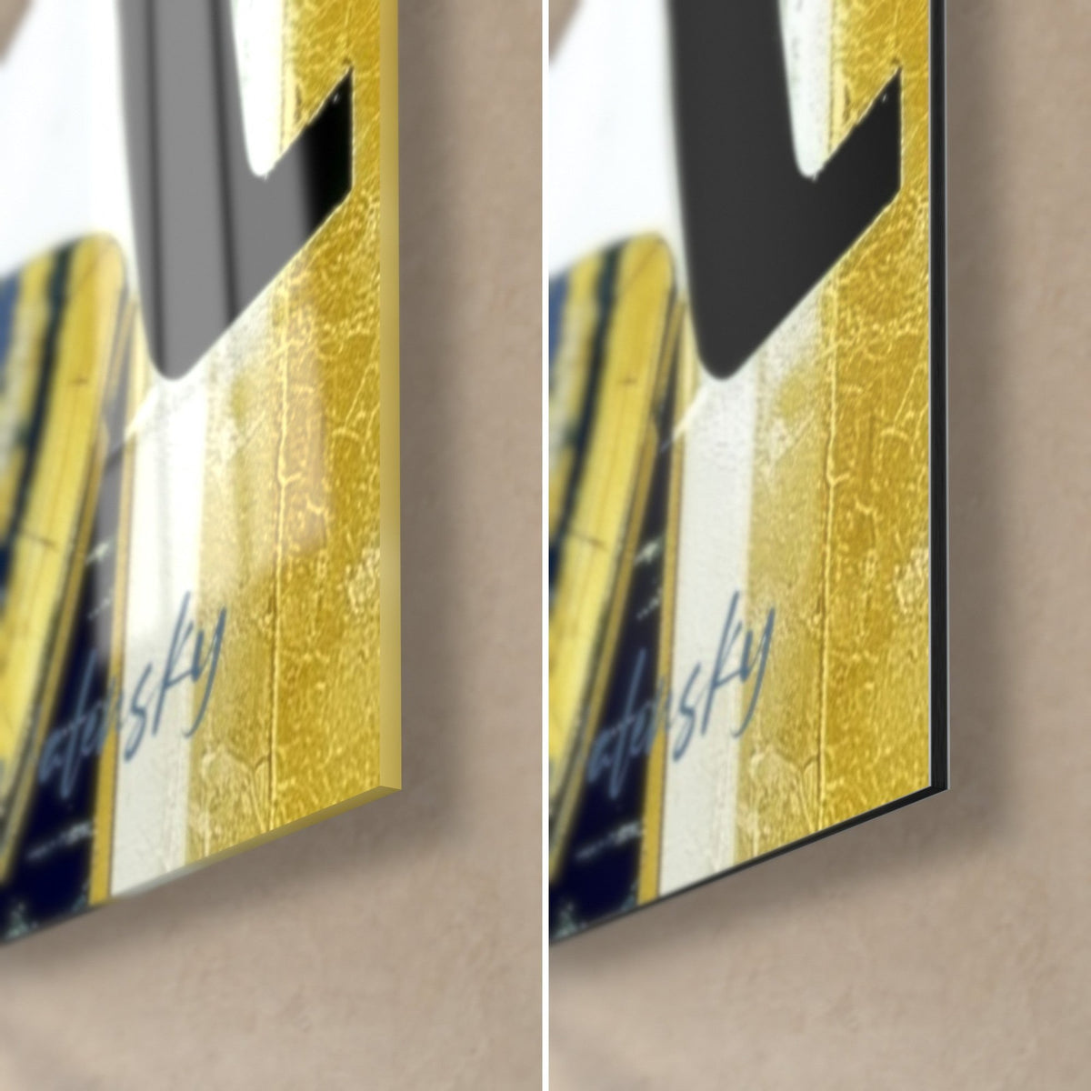 Wall art Egyptian frieze in gold and midnight blue, bottom right corner: glossy acrylic glass on the left, matte Dibond on the right, 3 mm edge