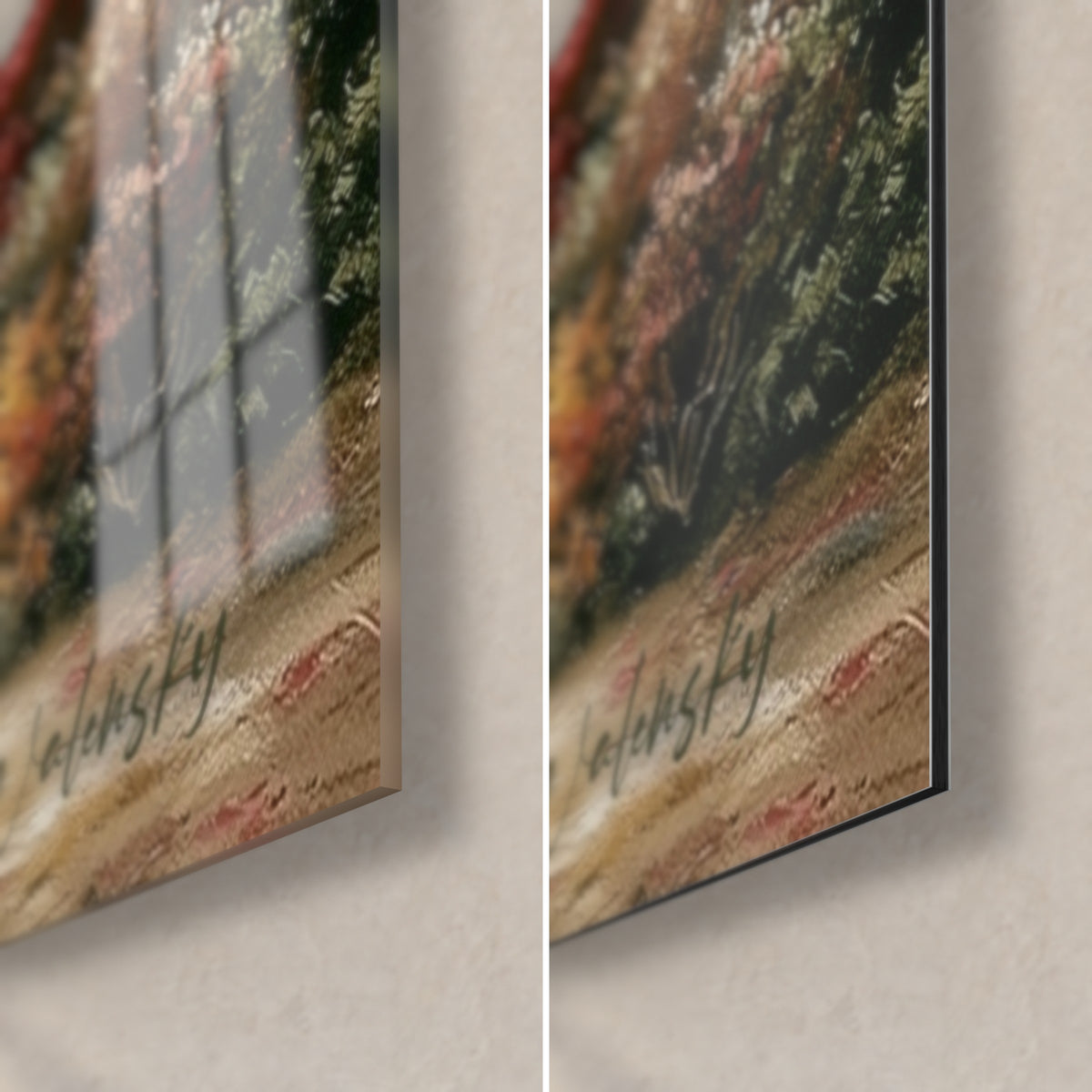 Gemälde drei Wächter am Ufer des Nils, untere rechte Ecke: glänzendes Acrylglas links, mattschwarzes Dibond rechts, 3 mm Kante