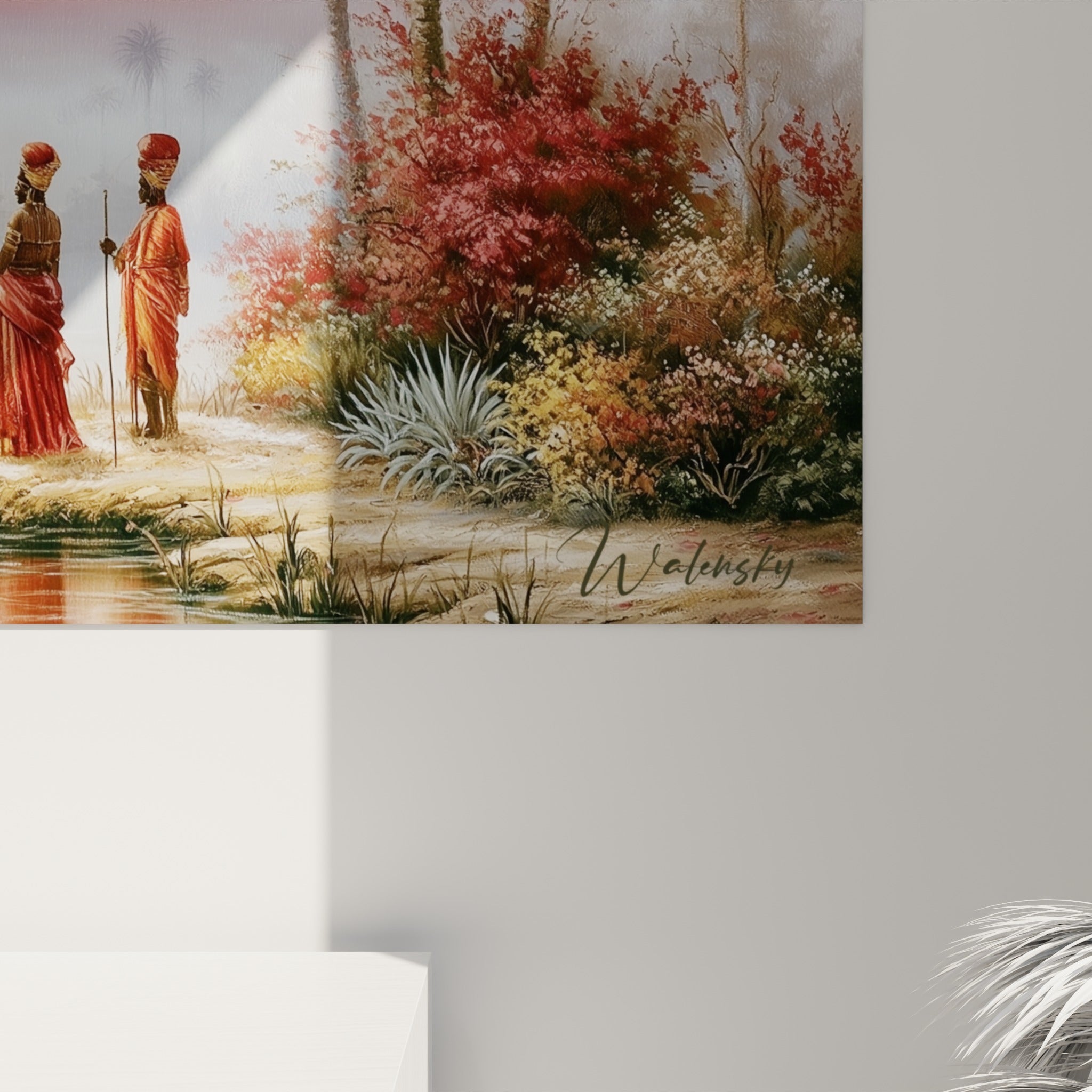 Empâtements orangés et roses du ciel égyptien, texture picturale des palmiers dorés en gros plan