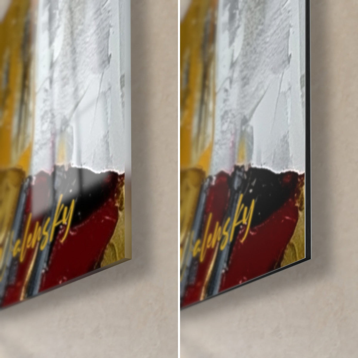 Schilderij van gouden koninginnen, rechtsonder: glanzend acrylglas links, mat Dibond-aluminium rechts, granaatrood, goud en een zwarte rand van 3 mm