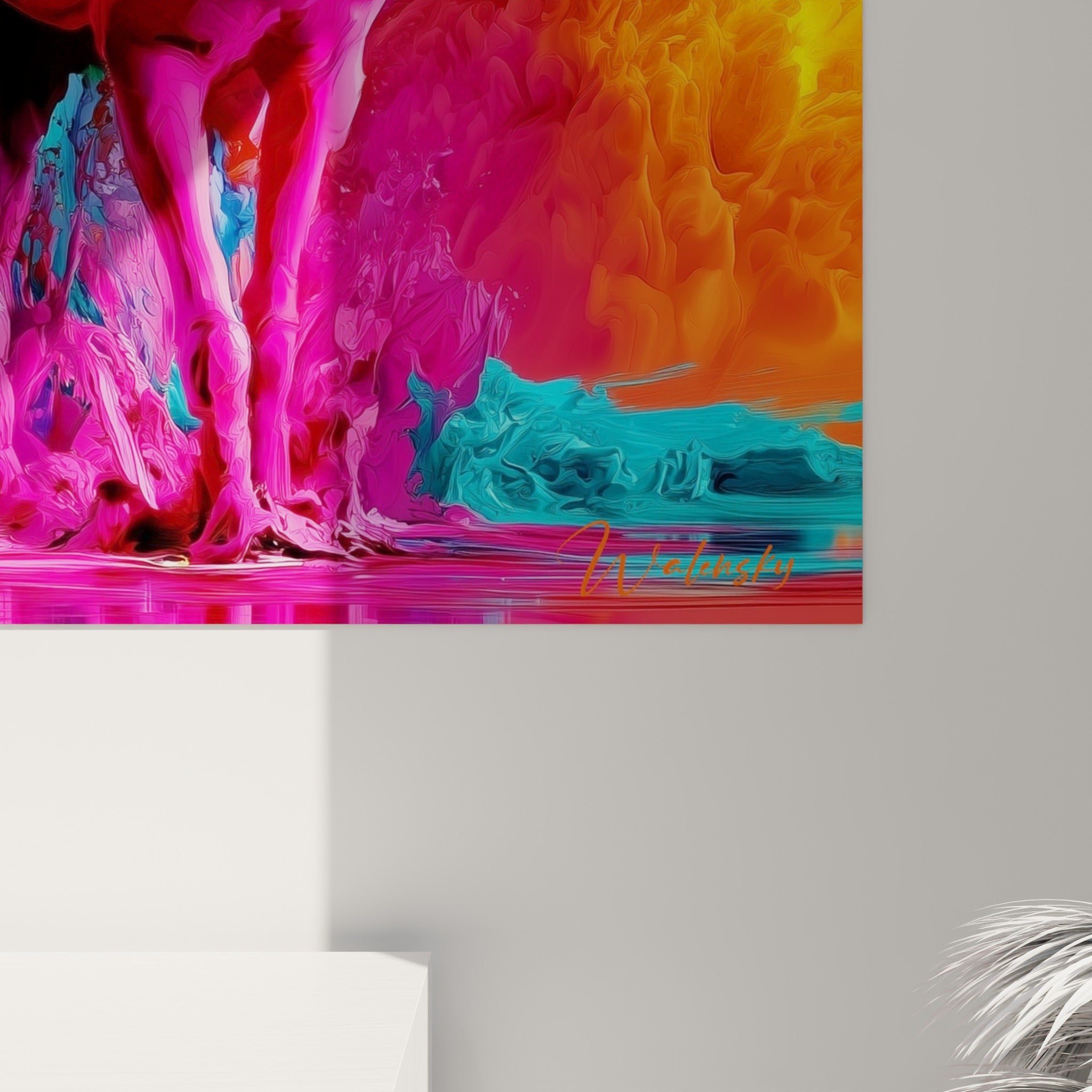 Empâtements colorés en fuchsia et turquoise révélant la texture épaisse de la peinture sur ce tableau égyptien