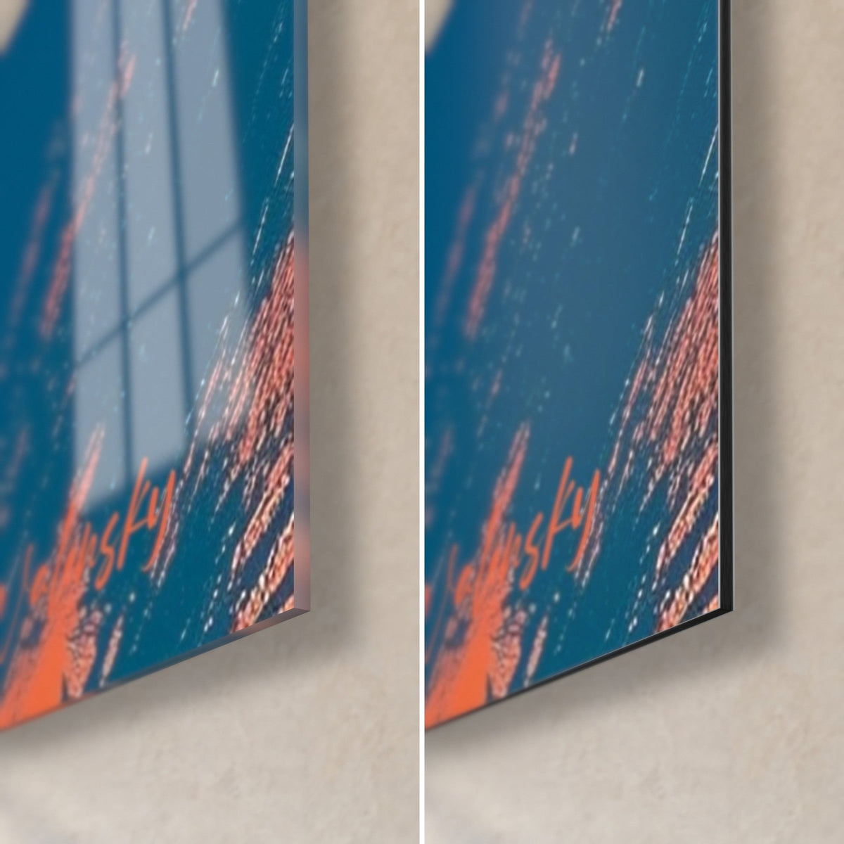 Wall art Eye of Horus, lower right corner: glossy acrylic glass with reflections on the left, matte brushed Dibond aluminium on the right, orange stripes on blue