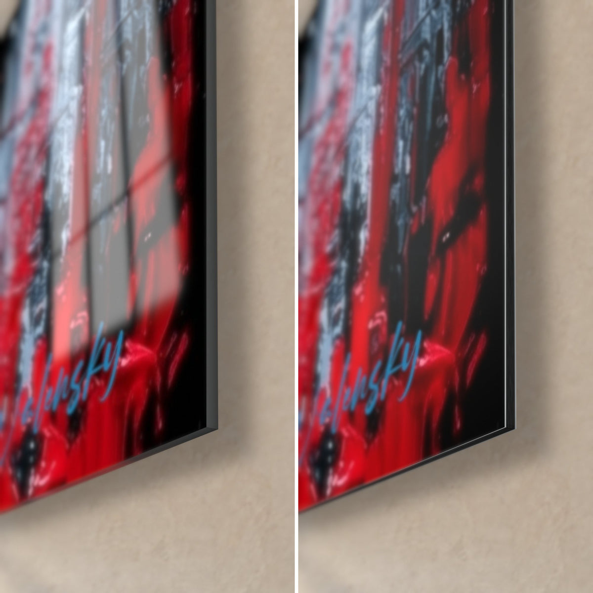 Wall art of a triple pharaoh, bottom right corner: carmine red and glossy black acrylic glass on the left, matte Dibond on the right, 3 mm edge