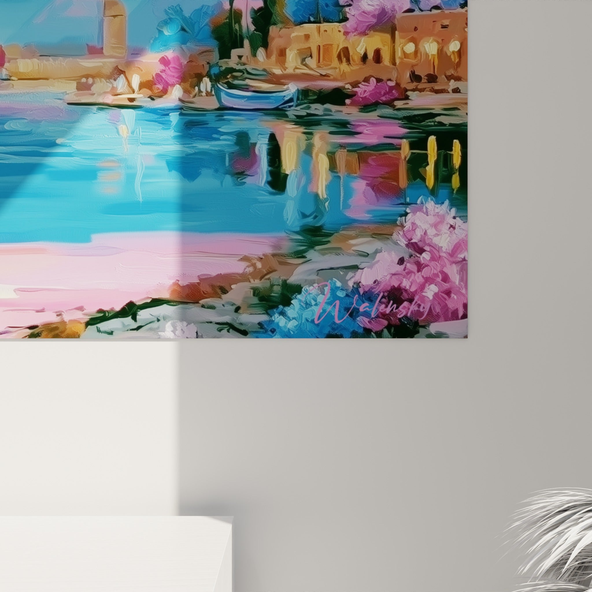 Détail des empâtements dorés et roses sur les obélisques et les reflets scintillants du Nil peint
