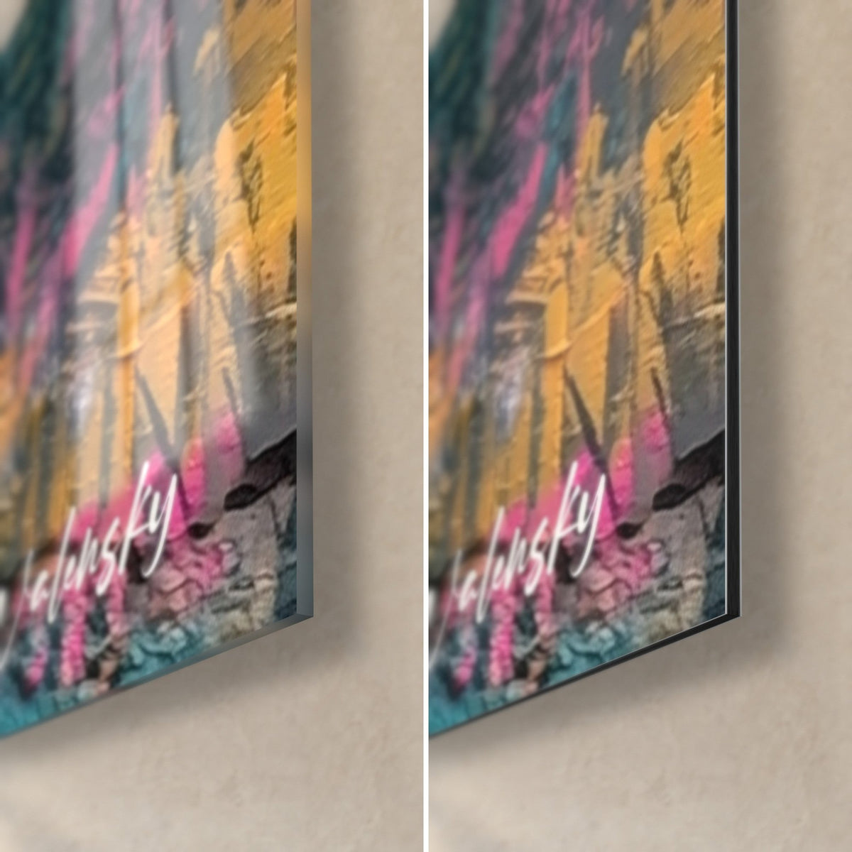 Wall art black palm trees and pink pyramids, bottom right corner: glossy acrylic glass on the left, matt Dibond aluminium on the right, 3 mm edge