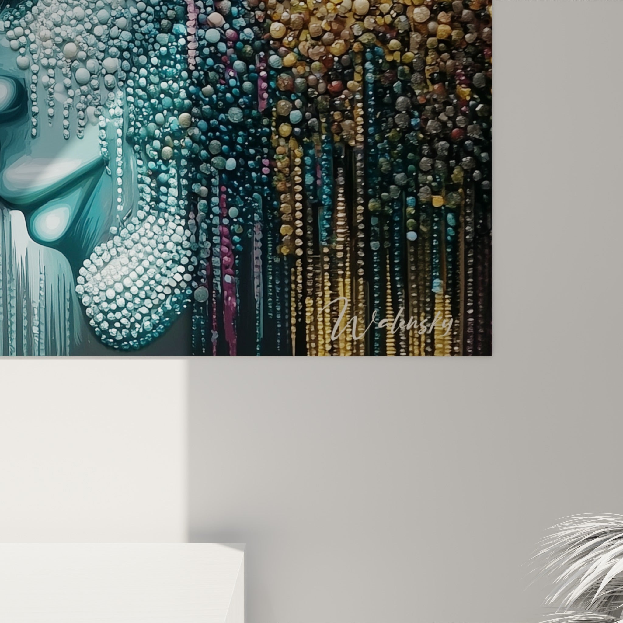 Grain perlé doré et turquoise du tableau égypte révélant coulures et empâtements en gros plan