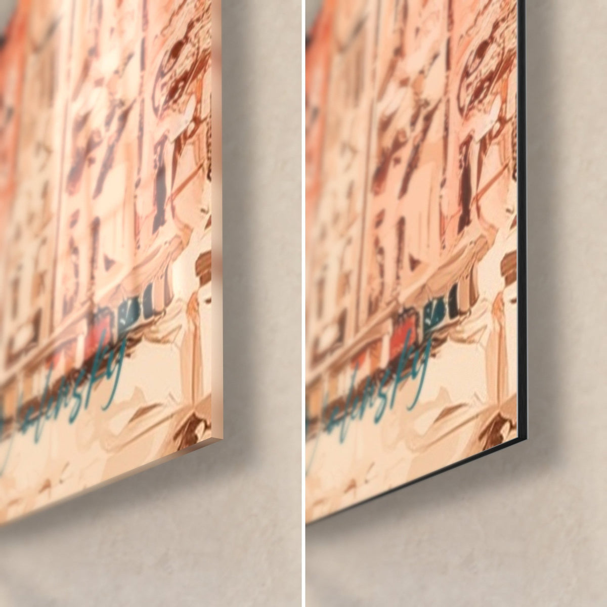 Wall art Horus symbol in orange and black, bottom right corner: glossy acrylic glass on the left, matte Dibond aluminium on the right, 3 mm edge