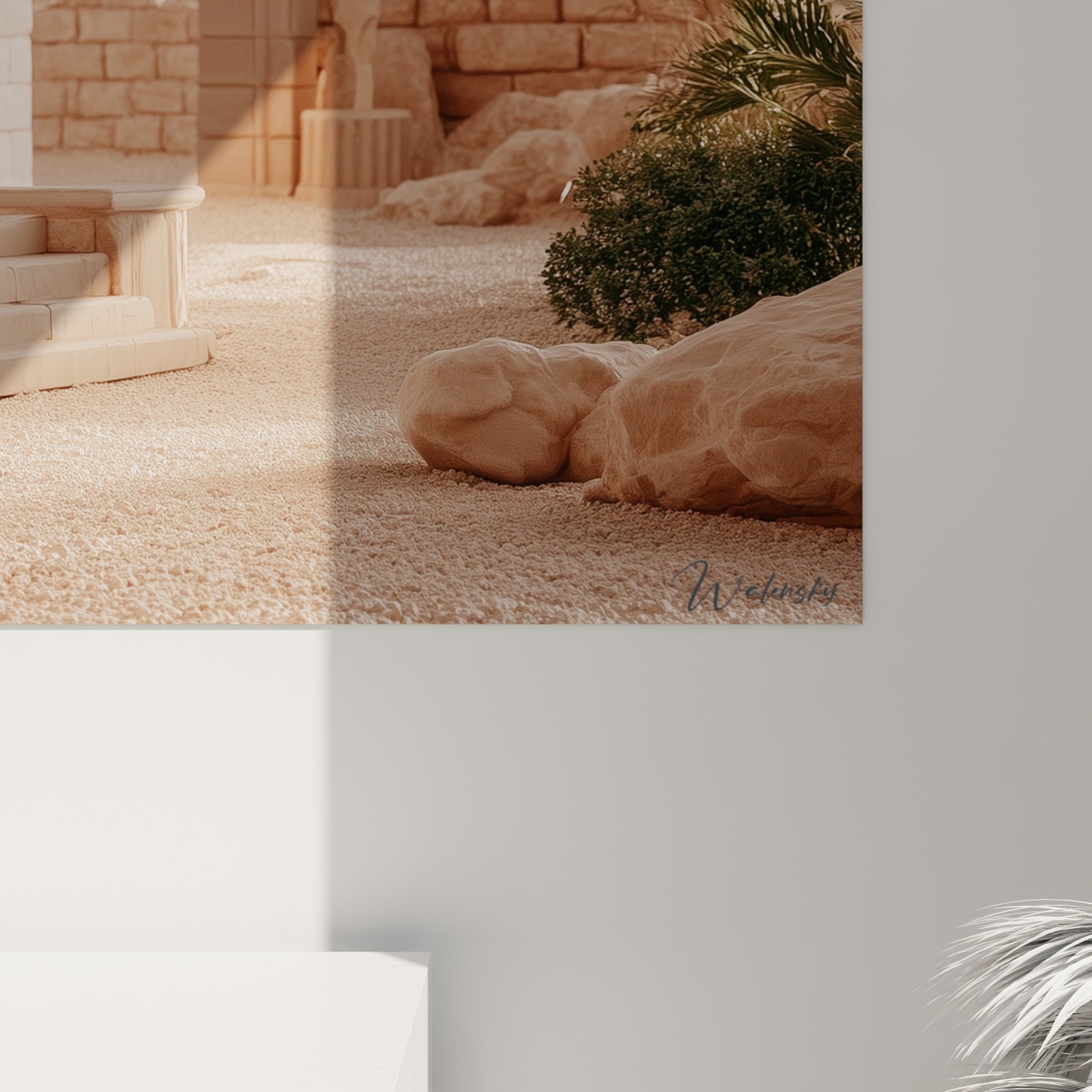 Détail des blocs de pierre beige érodés et textures sable du portique égyptien imprimé