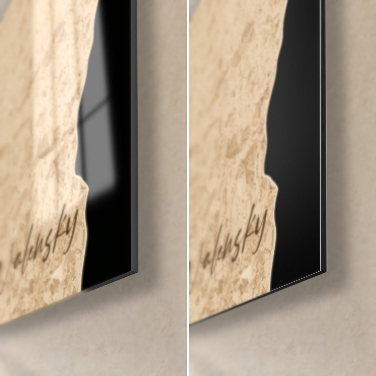 Quadro testa di faraone, firma Walensky in basso a destra su pietra beige, vetro lucido e Dibond nero opaco, spessore 3 mm