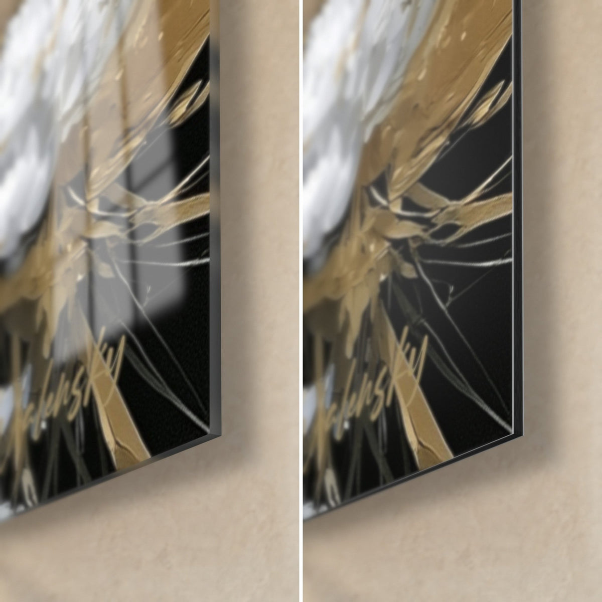 Wall art of cranes and white peonies, bottom right corner: golden reeds on a black background, glossy glass on the left, matte Dibond on the right, 3 mm edge